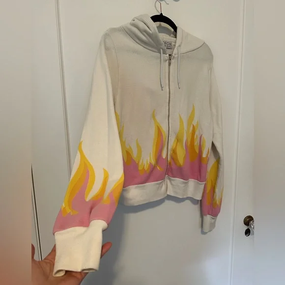 Wildfox white zip-up hoodie with pink/yellow/orange flames- Size S - Picture 6 of 13